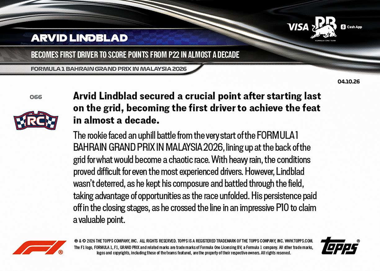 Arvid Lindblad RC - 2026 F1 Topps NOW® #66 Bahrain GP in Malaysia P22追分卡【團購】