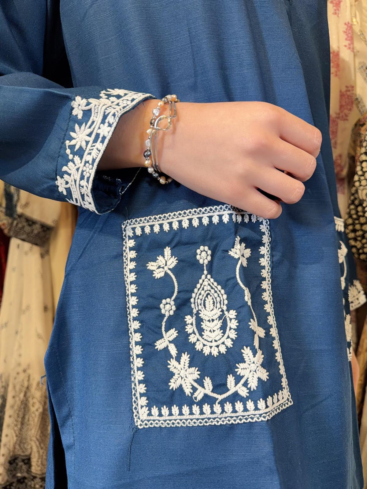 1648 Dark Blue Short Emb Kurta