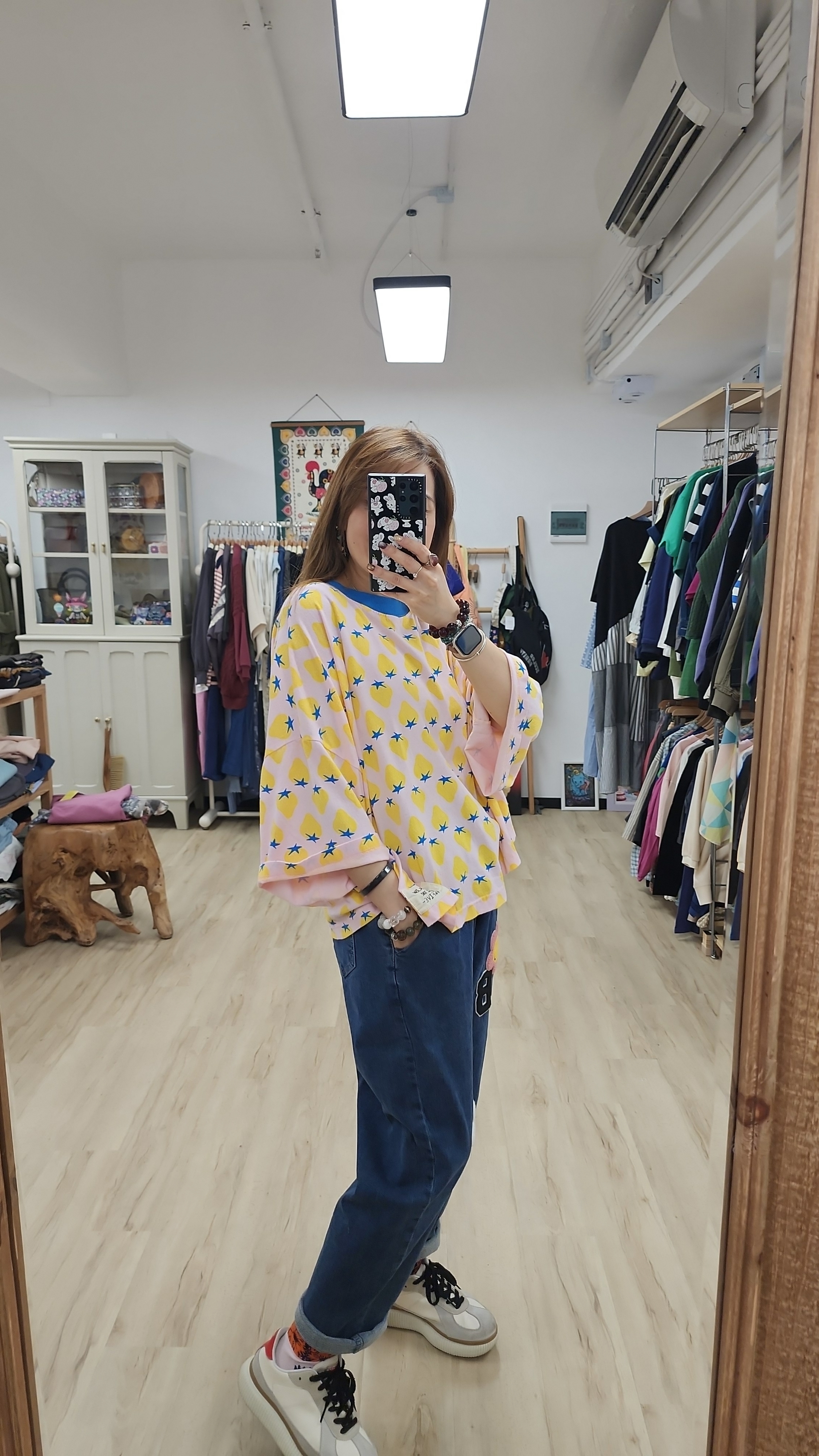 韓國粉紅拼黃士多啤梨圖案棉Tee