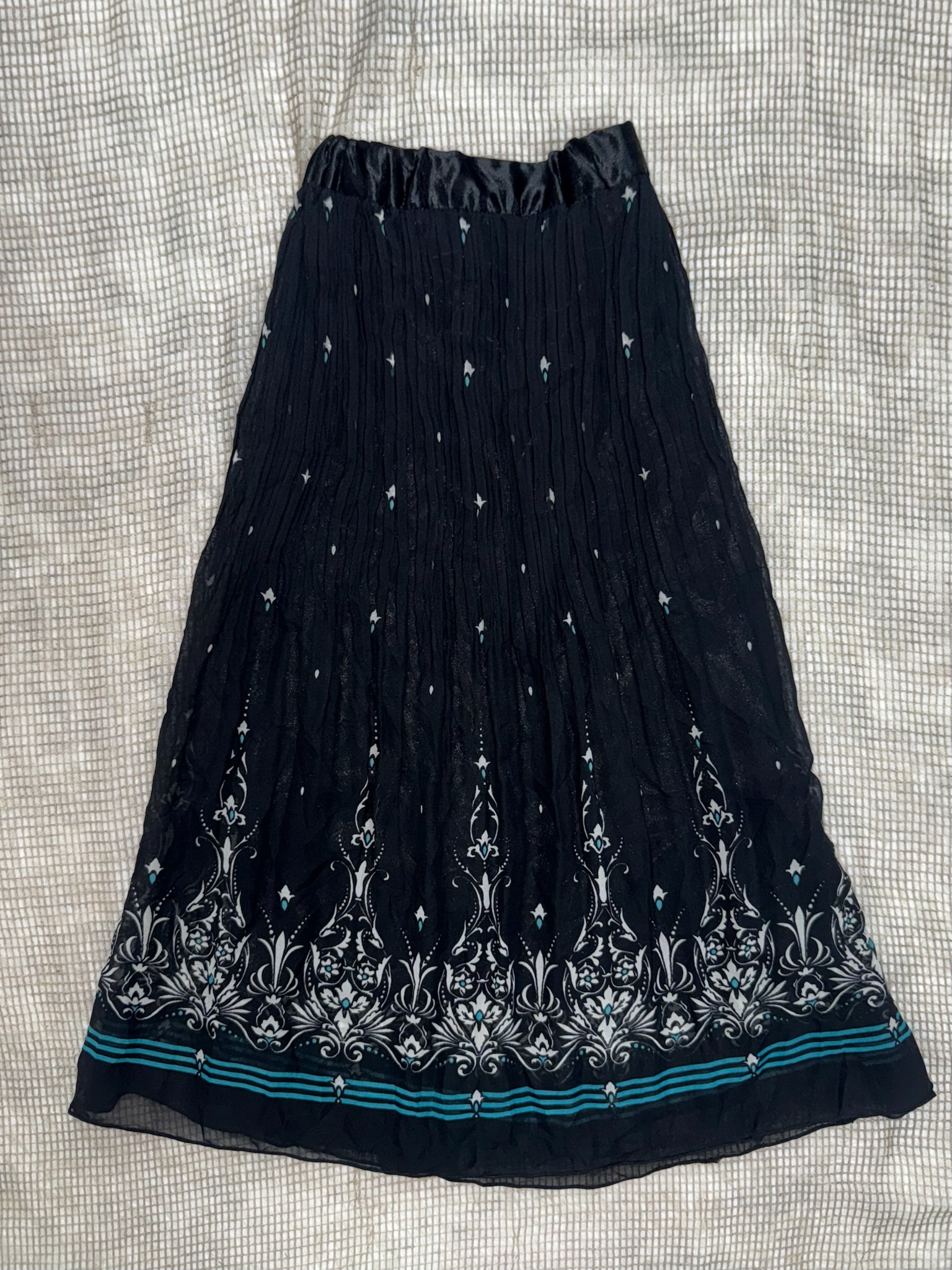 Black Pleated Skirt with Teal Baroque Floral Border Print