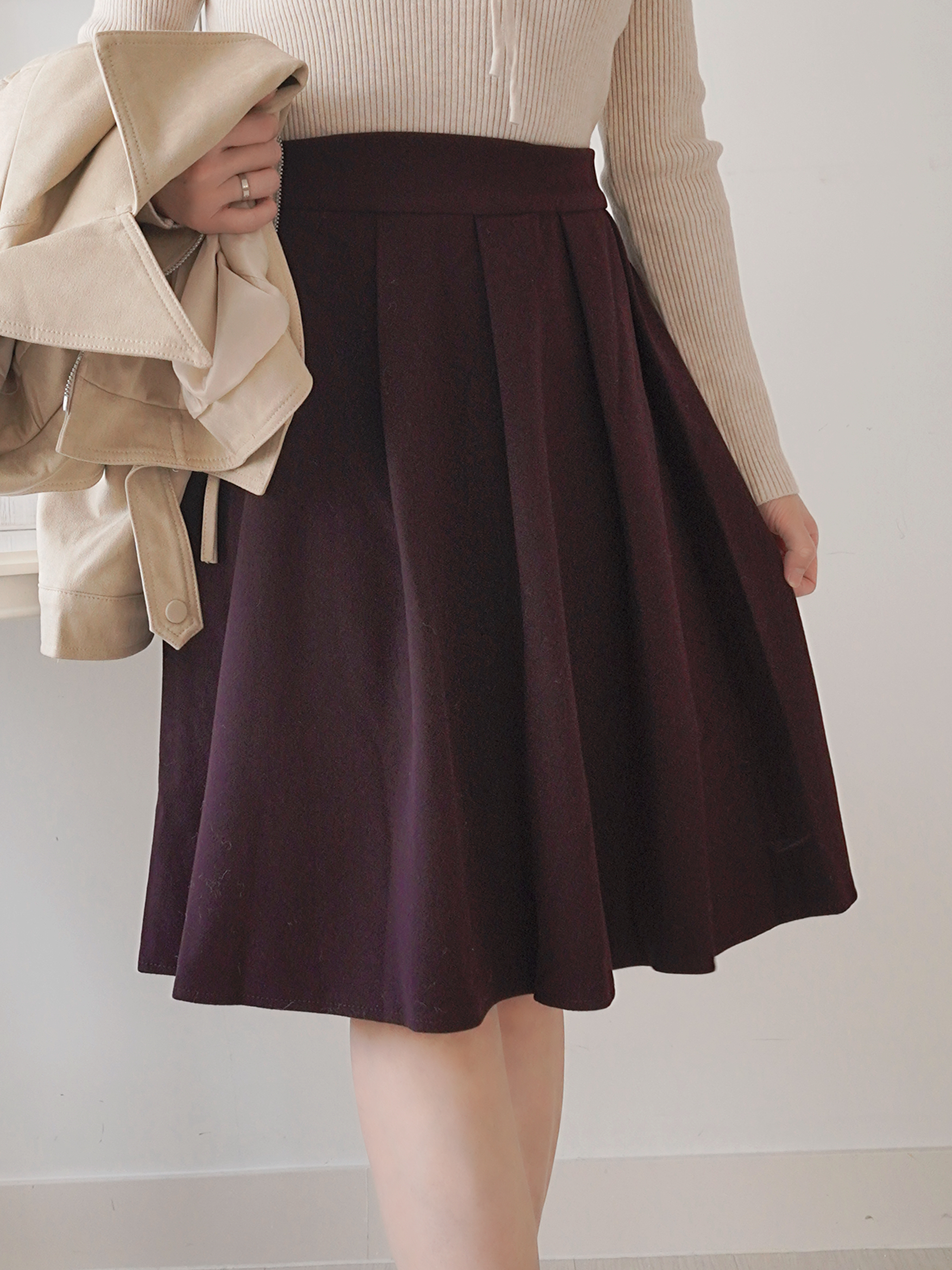 推薦！滑絨百褶及膝裙(KR)3色200360