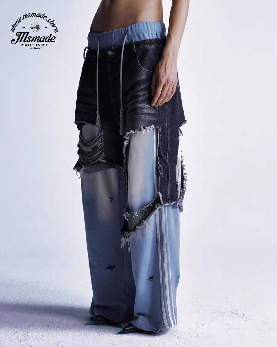 M022拼接牛仔撞色假兩件喇叭褲