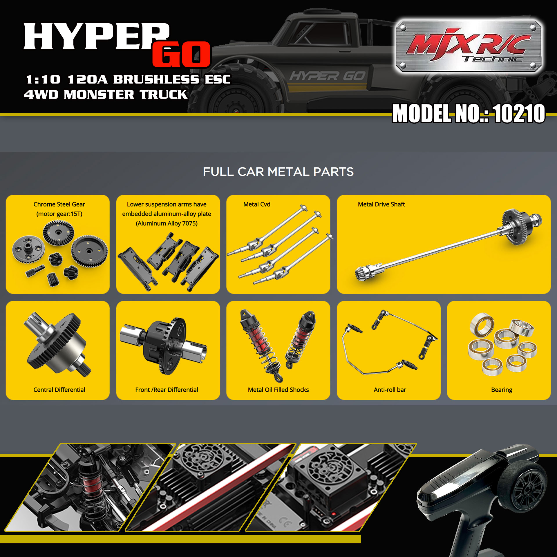 全新 美嘉欣 MJX R/C 1:10 10210 小怪獸 無刷大腳車 | 防翻尾輪 | 金屬齒輪 | 油壓避震 | 可用2s-3s電 | 最高速約70KM/H | 黑色