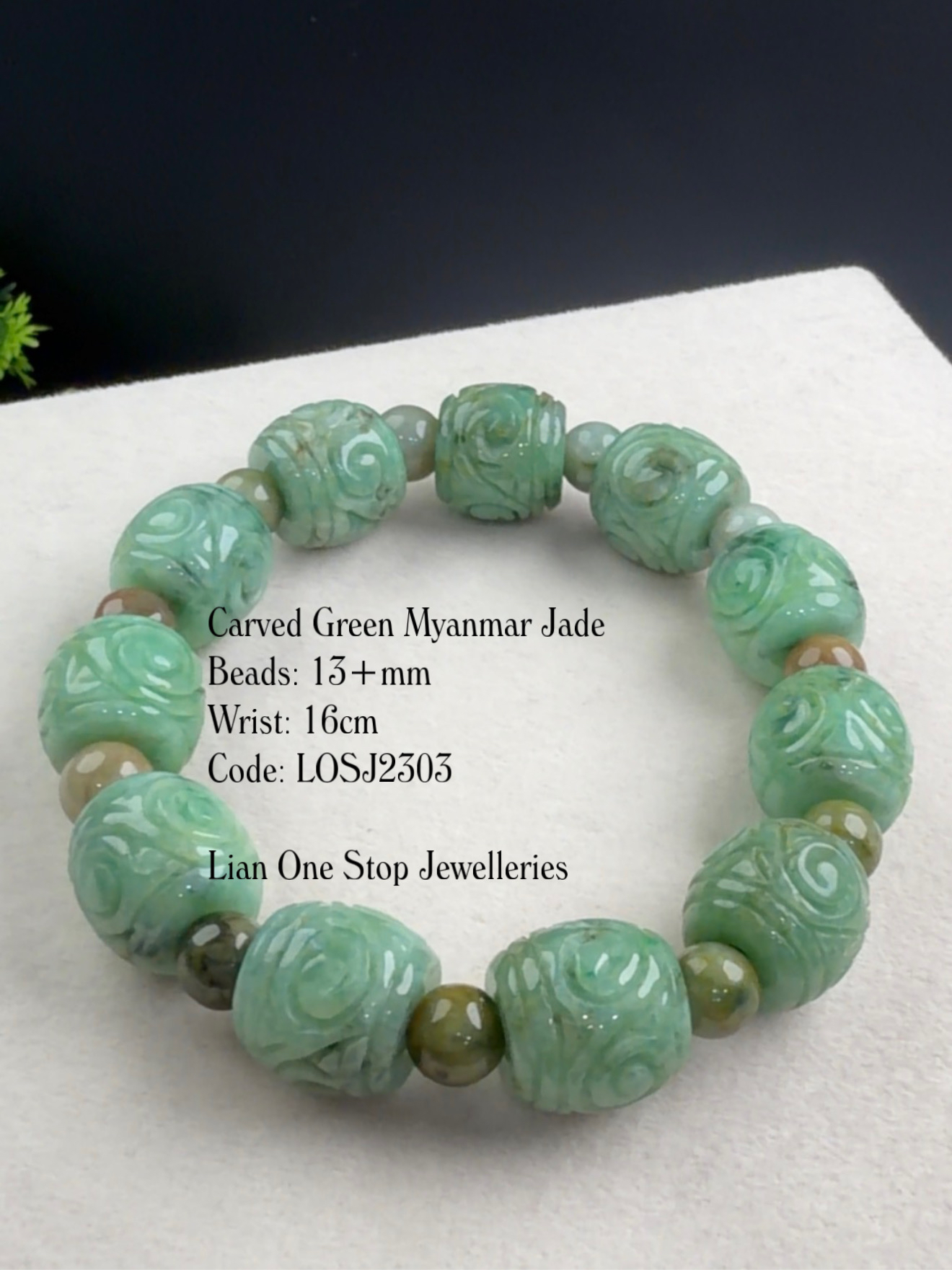 Code: LOSJ2303 Carved Green Myanmar Jade 13+mm 