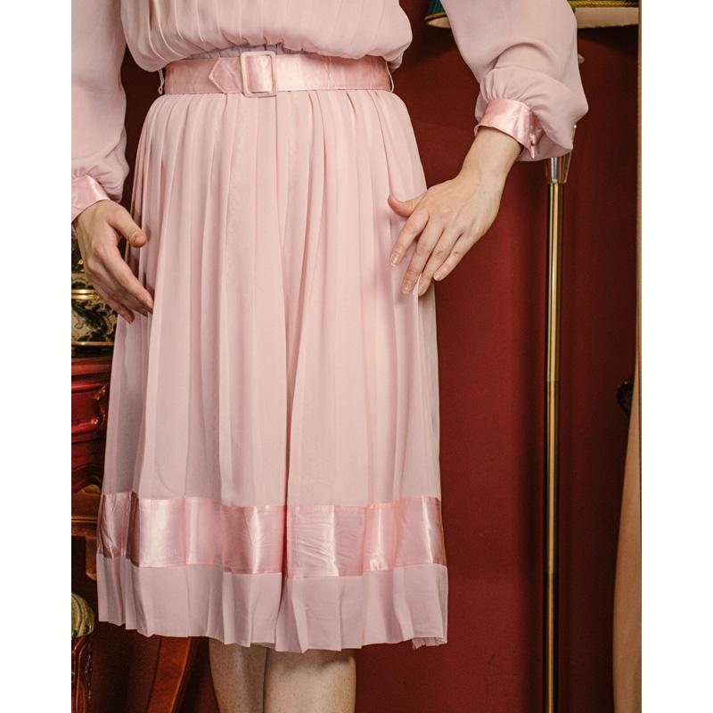 Vintage C.a. 1980s American Bobby's Girl Light Pink Chiffon Dress with Belt(MU108-13)