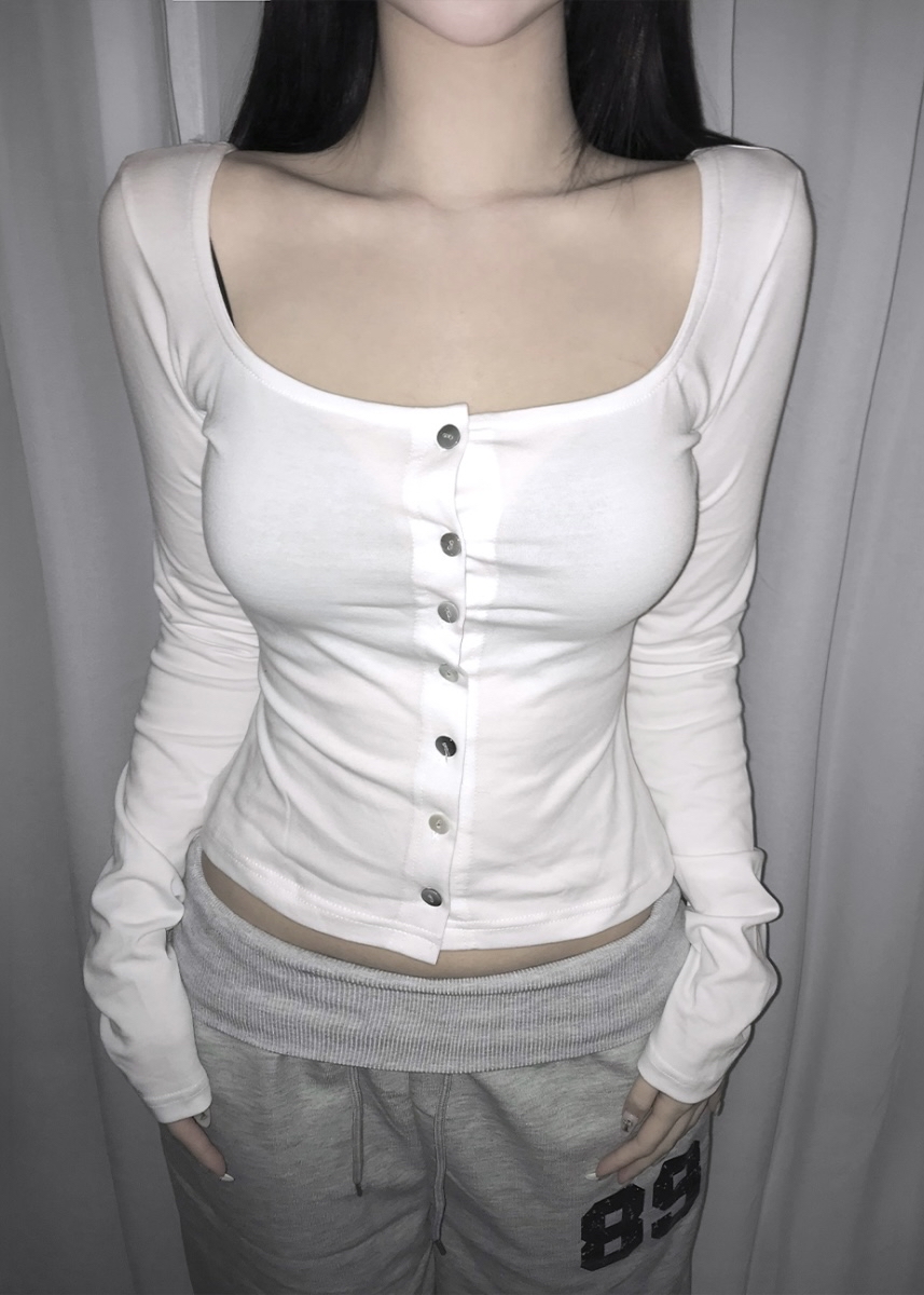 Square Neck Button-Up Long Sleeve Top