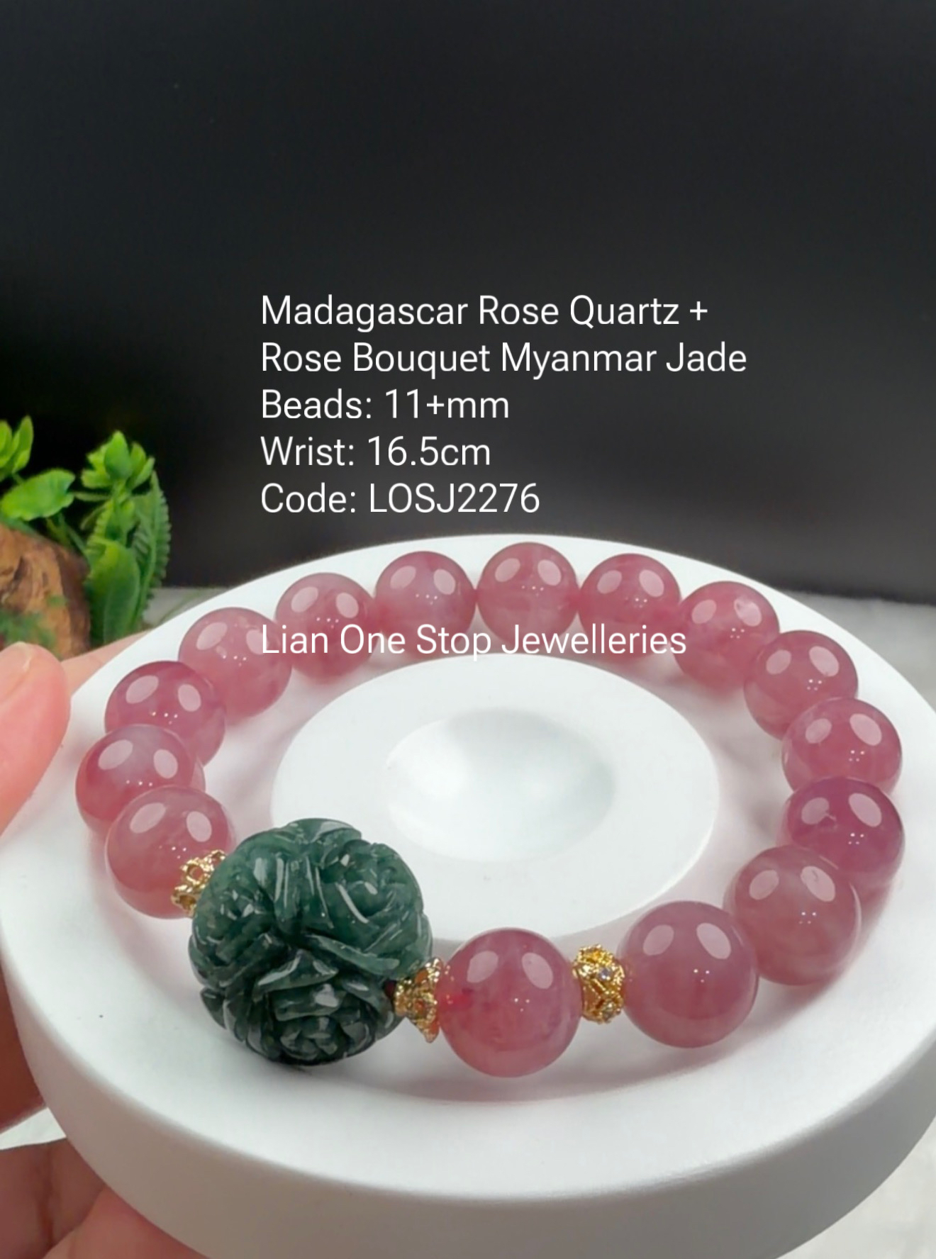 Code: LOSJ2276 Madagascar Rose Quartz + Rose Bouquet Myanmar Jade