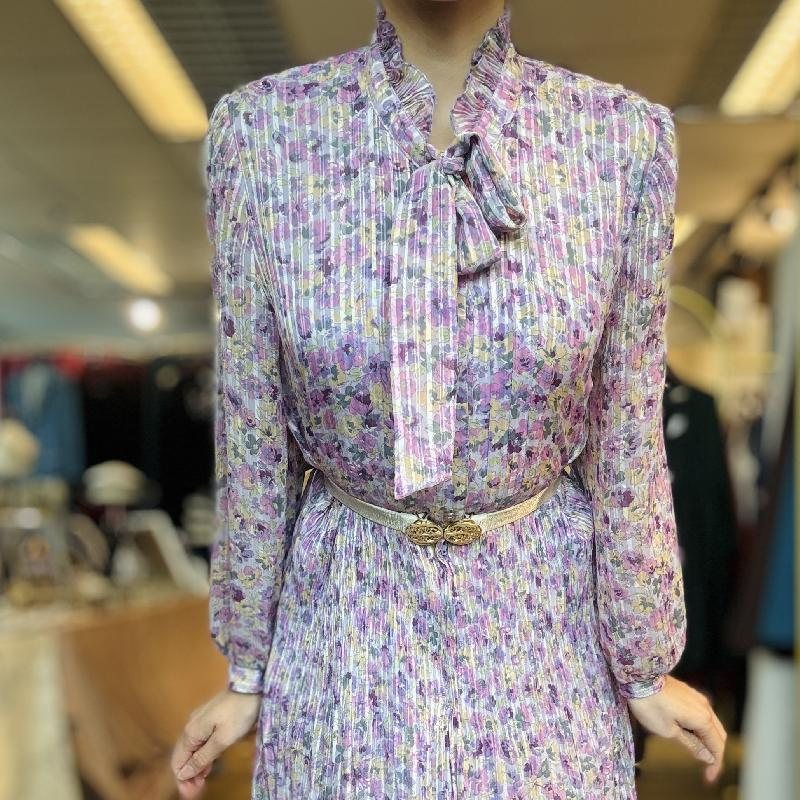 Vintage Purple Floral Pattern Tie Collar Pleated Chiffon Day Dress (MT2260-10)