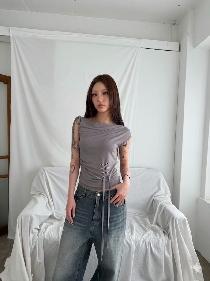 Asymmetric Eyelet Lace-Up Top