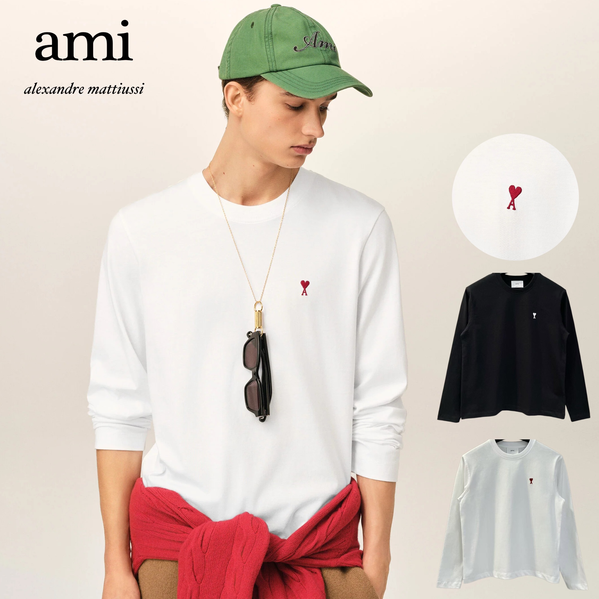 ami White Cotton longsleeves t-shirt with Ami De Coeur 小愛心長袖T恤