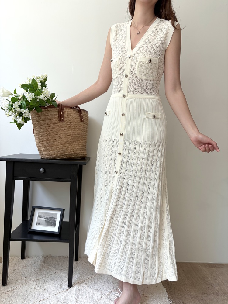 Buttoned Crochet Knit Dress (Ivory)