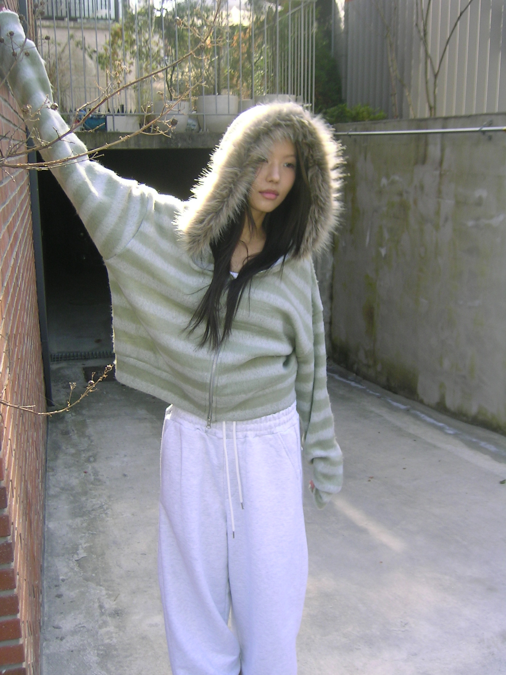 Striped Faux Fur Zip Hoodie(Unisex)