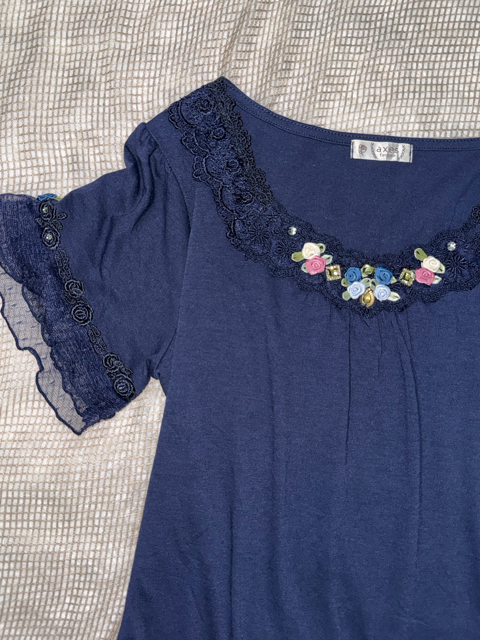 Axes Femme Romantic Navy Knit Top with 3D Rosette & Lace Neckline