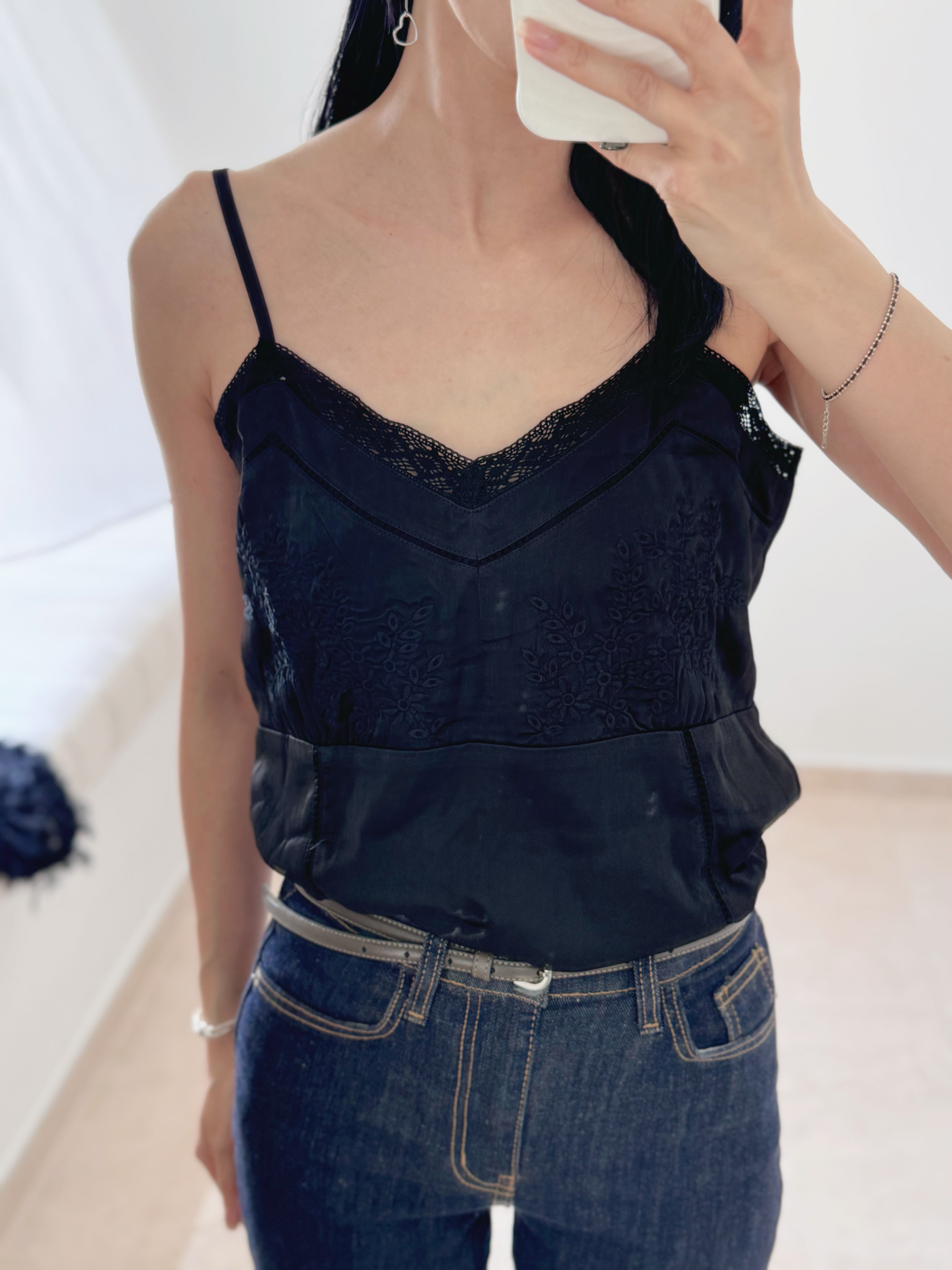 Elegant embroidered longline cami top (black)