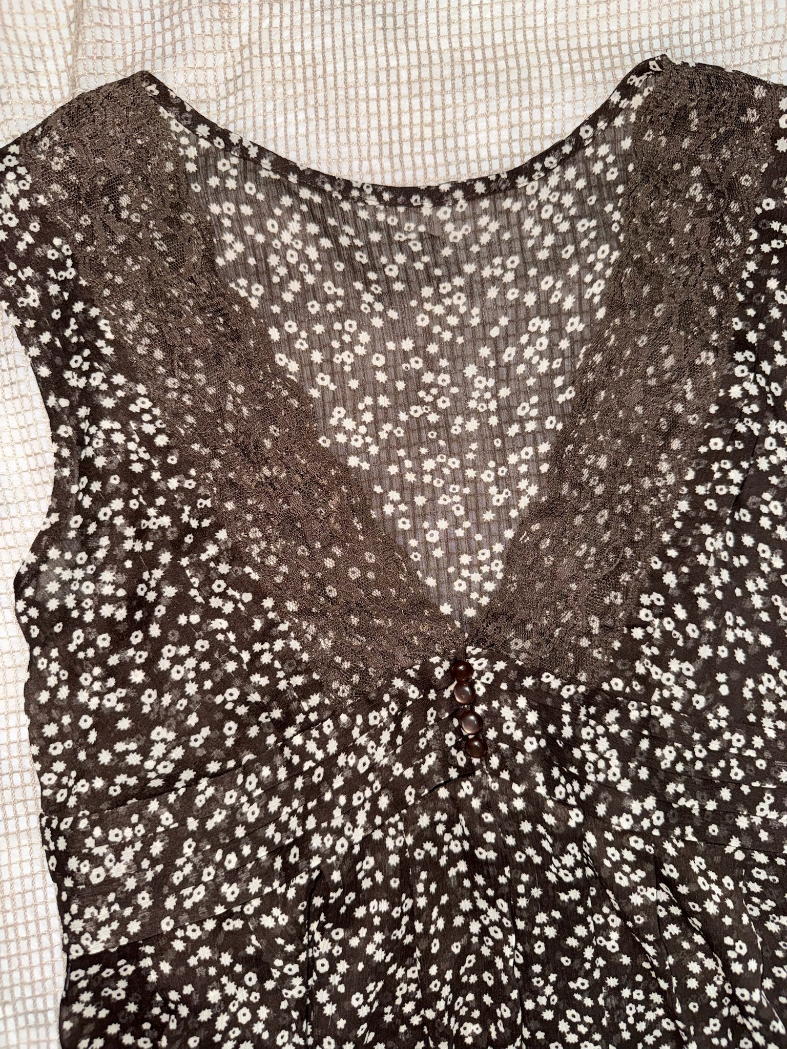 90s Vintage Brown Ditsy Floral Dress with Lace V-Neck