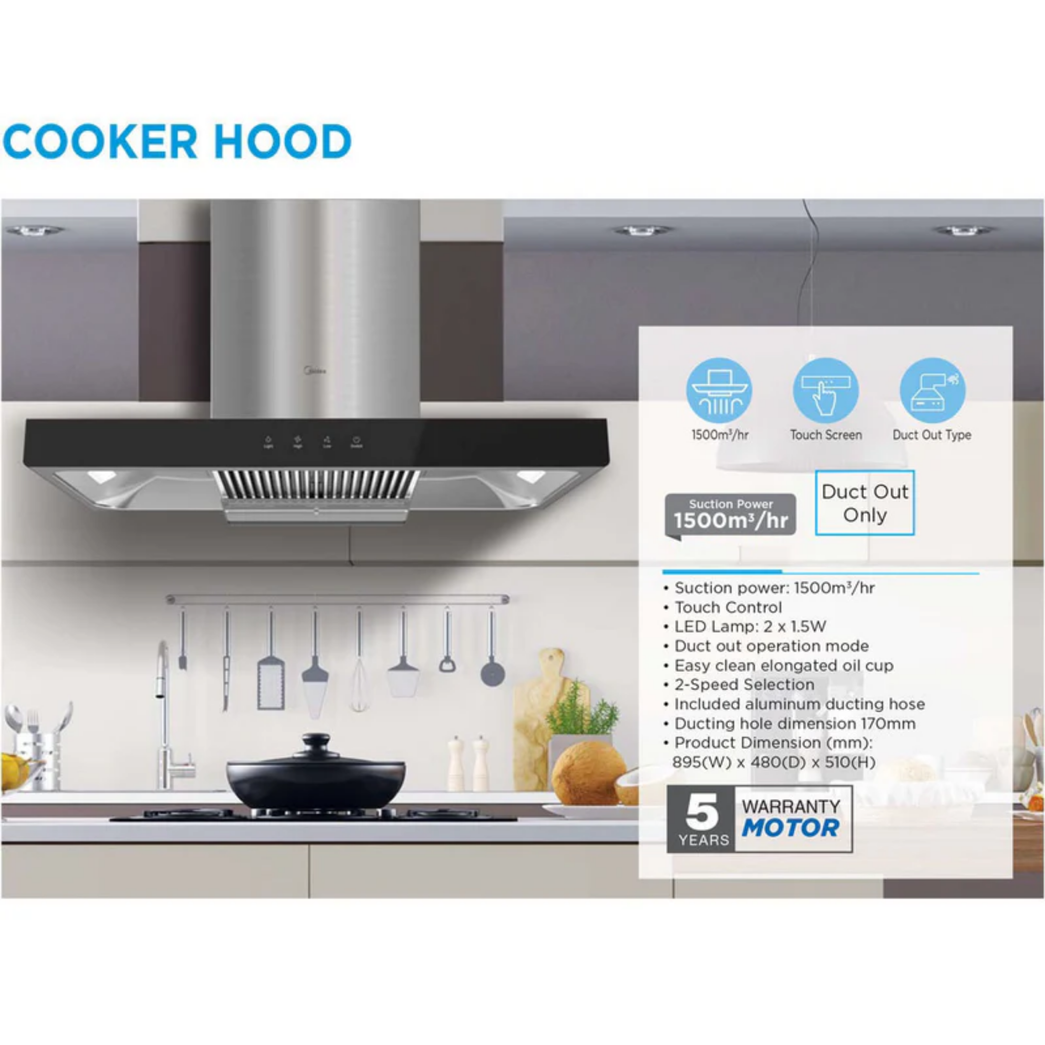 Midea 1500M3/Hr Cooker Hood MCH-90B82