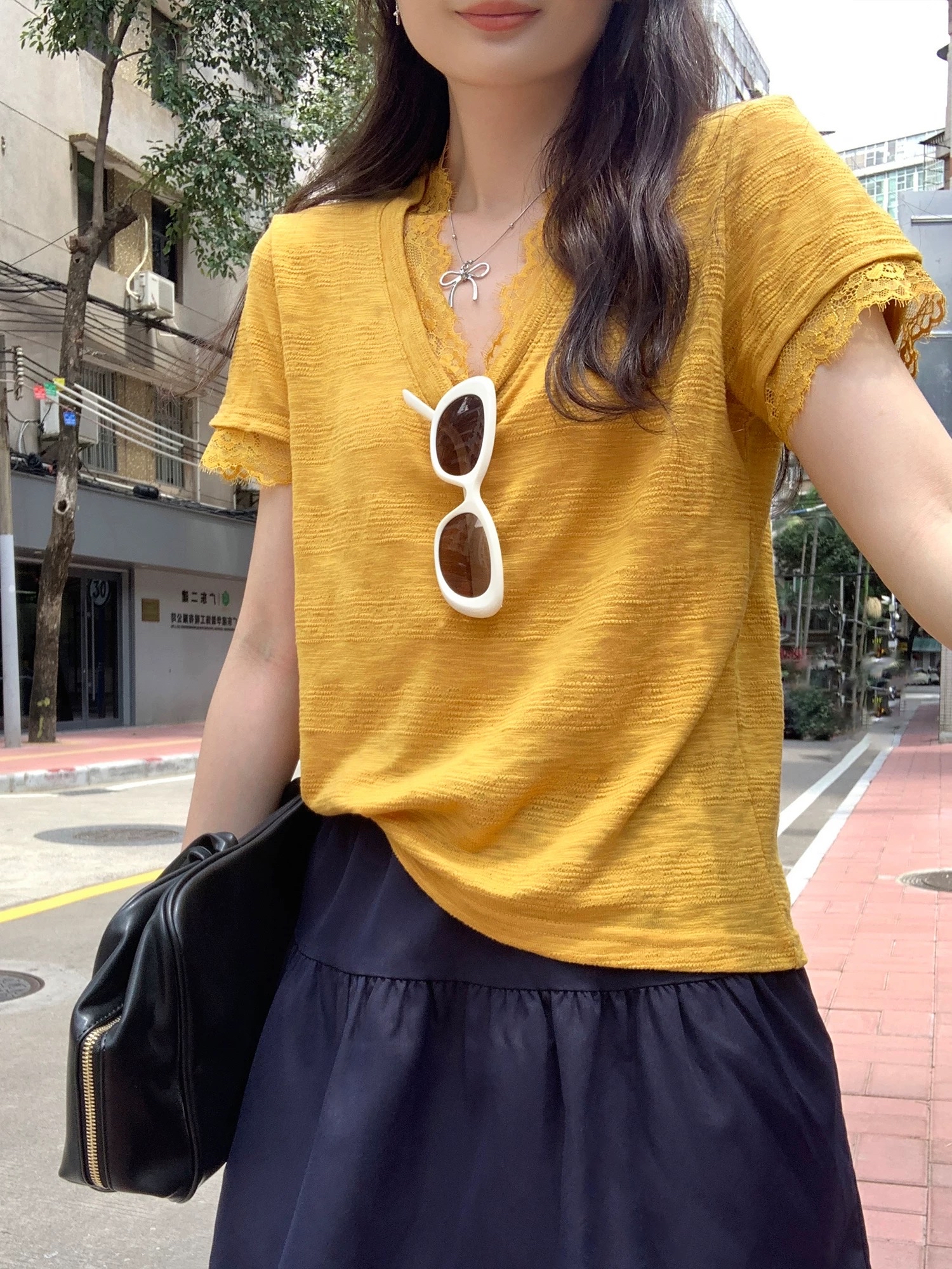 蕾丝边边针织Tee