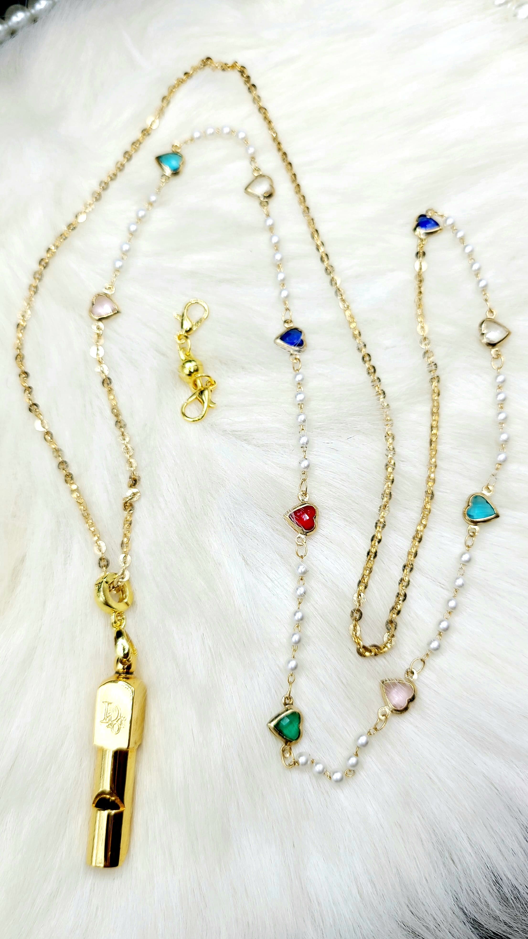 Vintage Dior 哨子吊墜配upcycling 心型珍珠雙層包金頸鍊