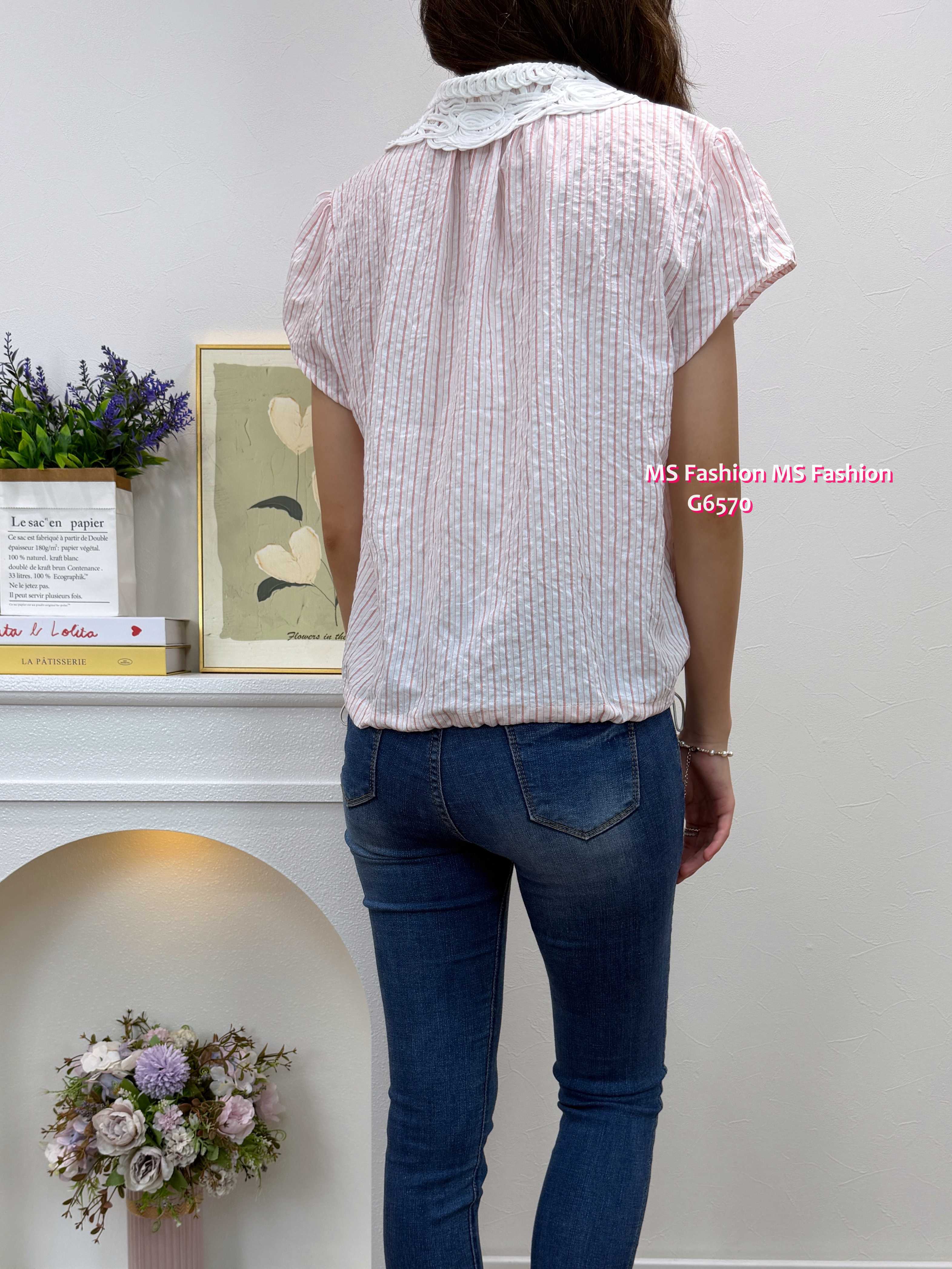 G6570 通花領條子恤