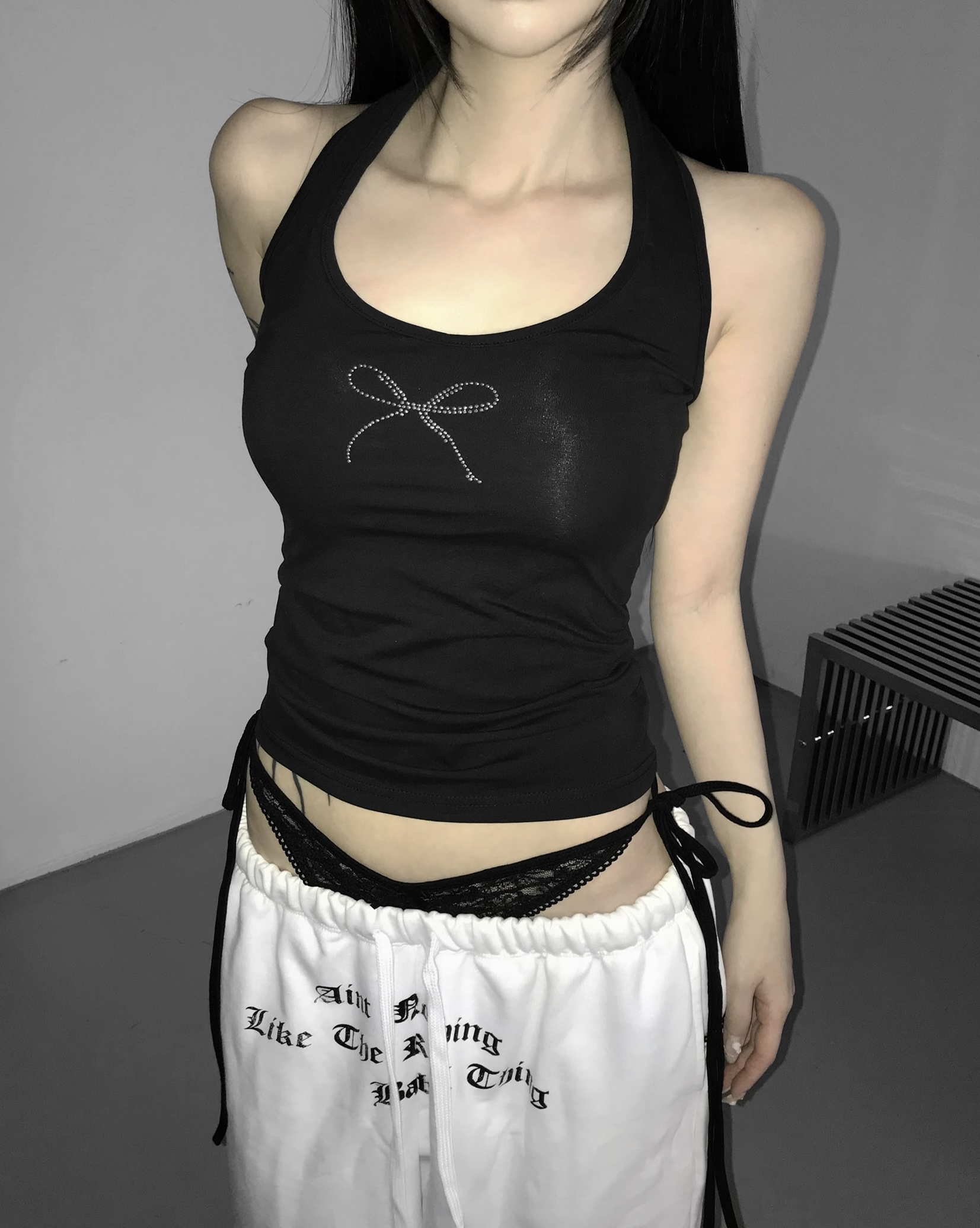 Layered Lace Waist Graphic Wide Leg Pants