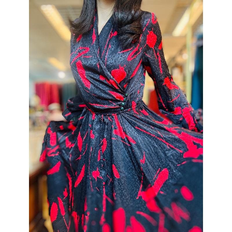 Vintage Japanese C.a. 1980s Red Stoke Pattern Half Wrap Full Flare Dress(MT1608-144)
