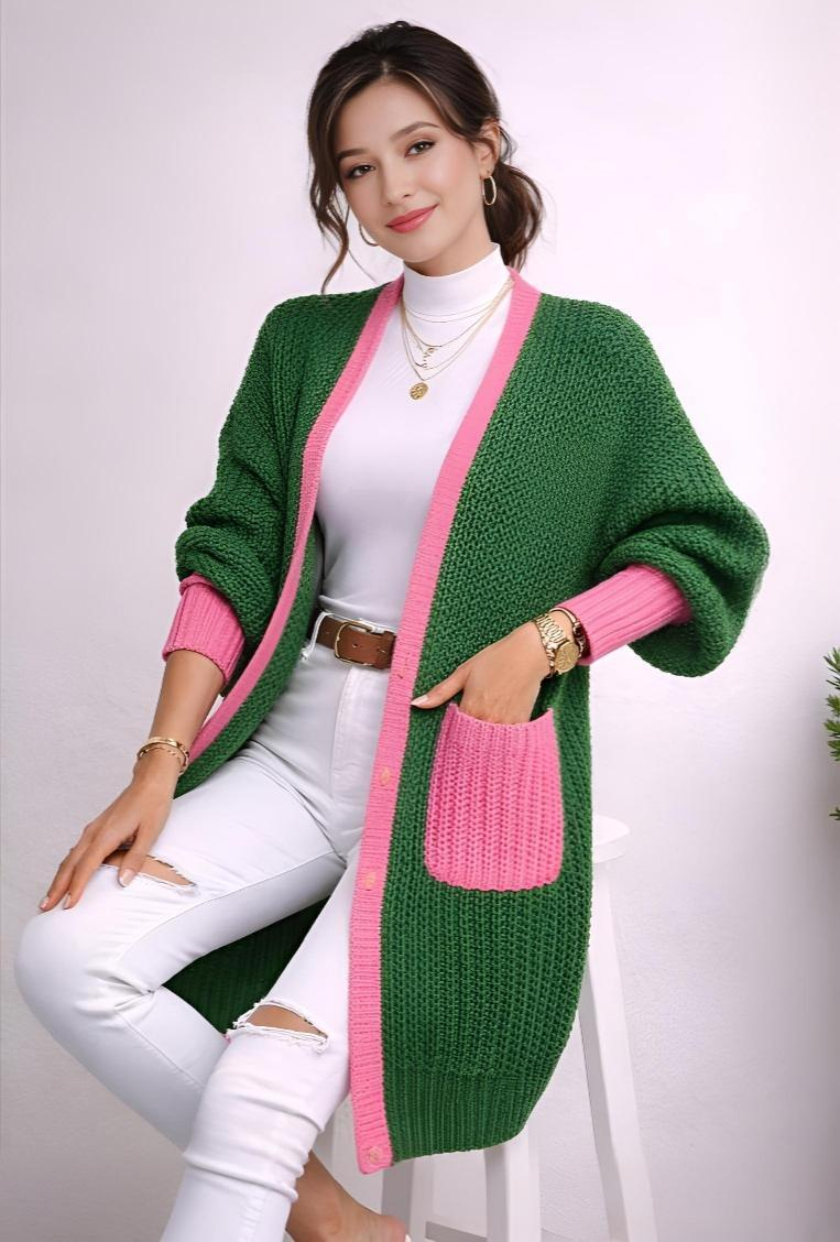 Contrast Knit Long Cardigan