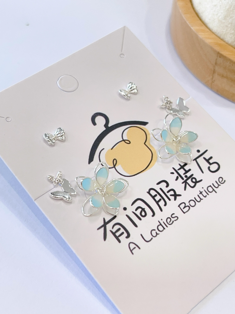 蓝色樱花蝴蝶耳环套装