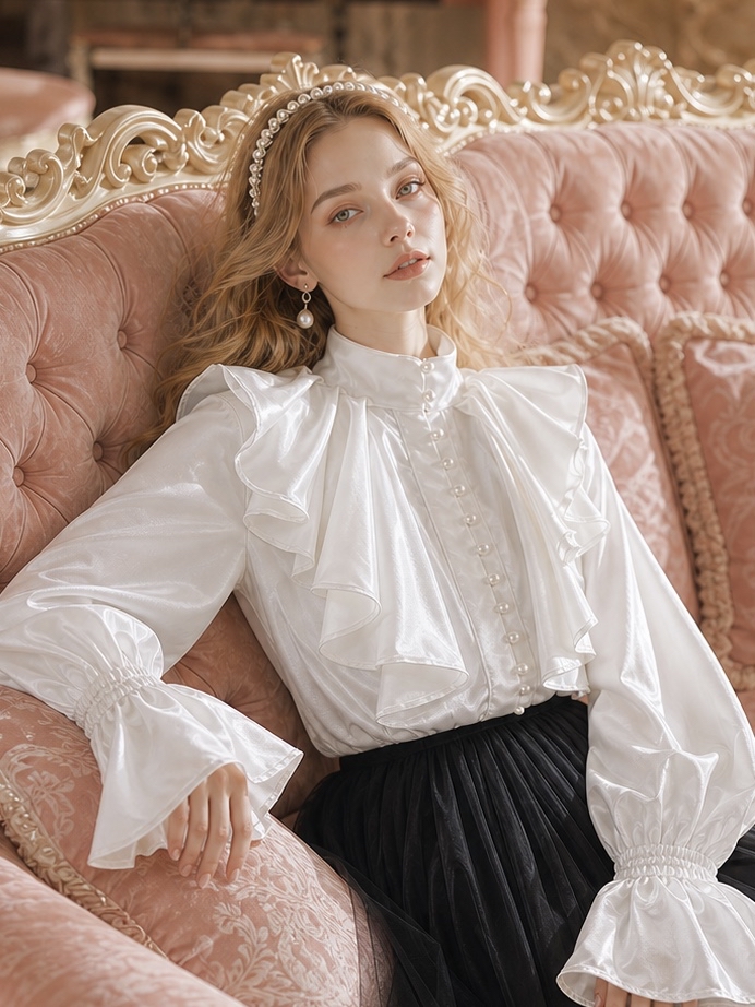 銀河私語維多利亞珍珠荷葉宮廷襯衫Whispers of the Galaxy: Victorian Pearl Ruffle Court Blouse