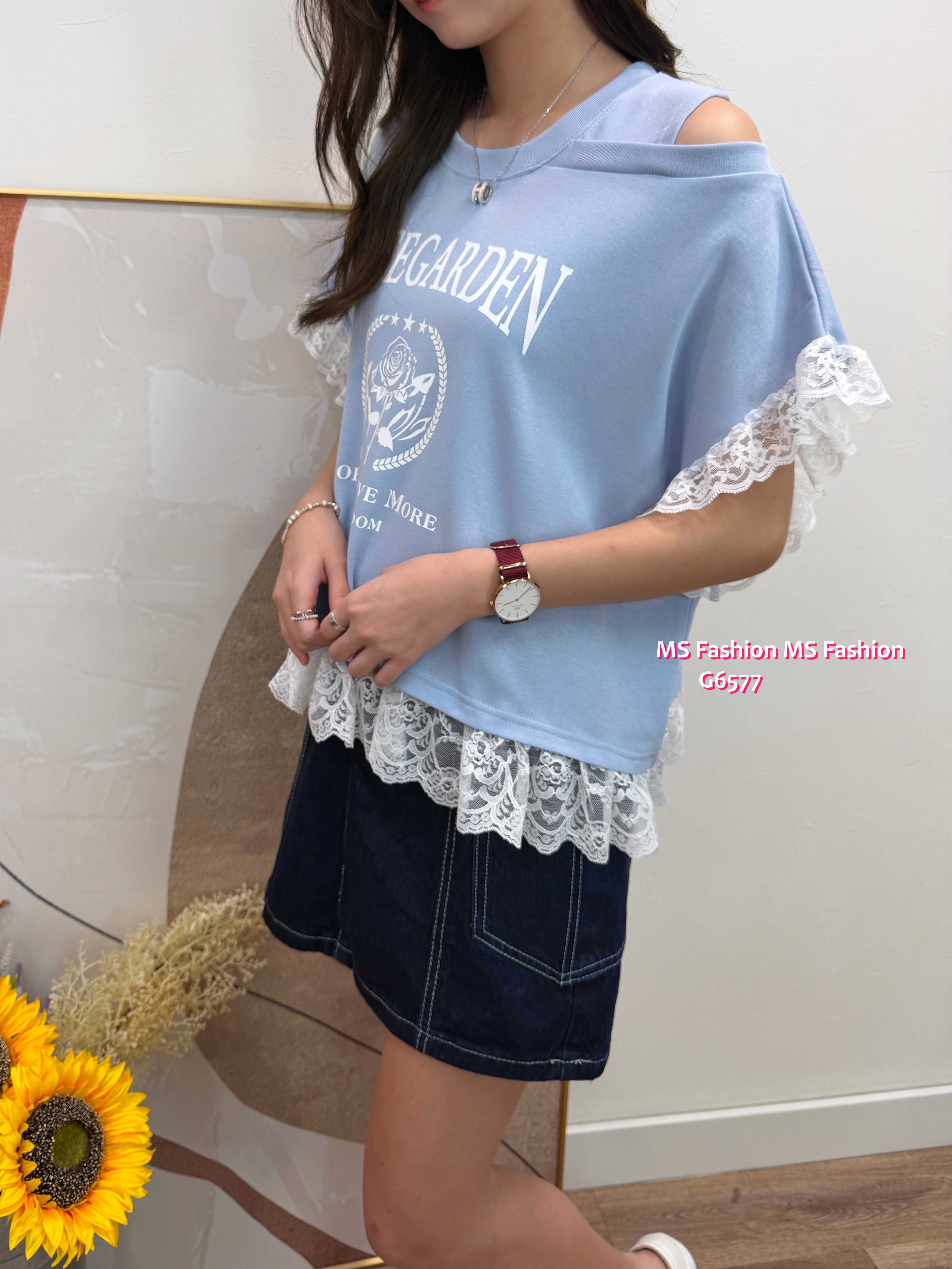 G6577 型格露肩拼lace top