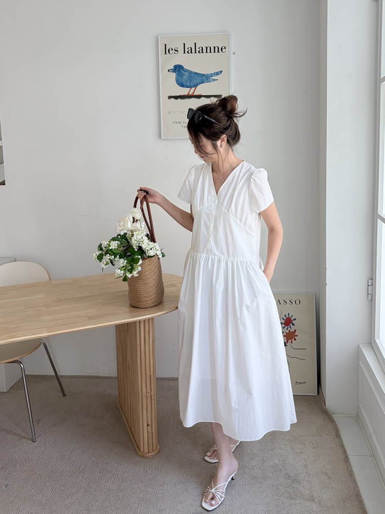 Airy Button Front Long Dress (White)
