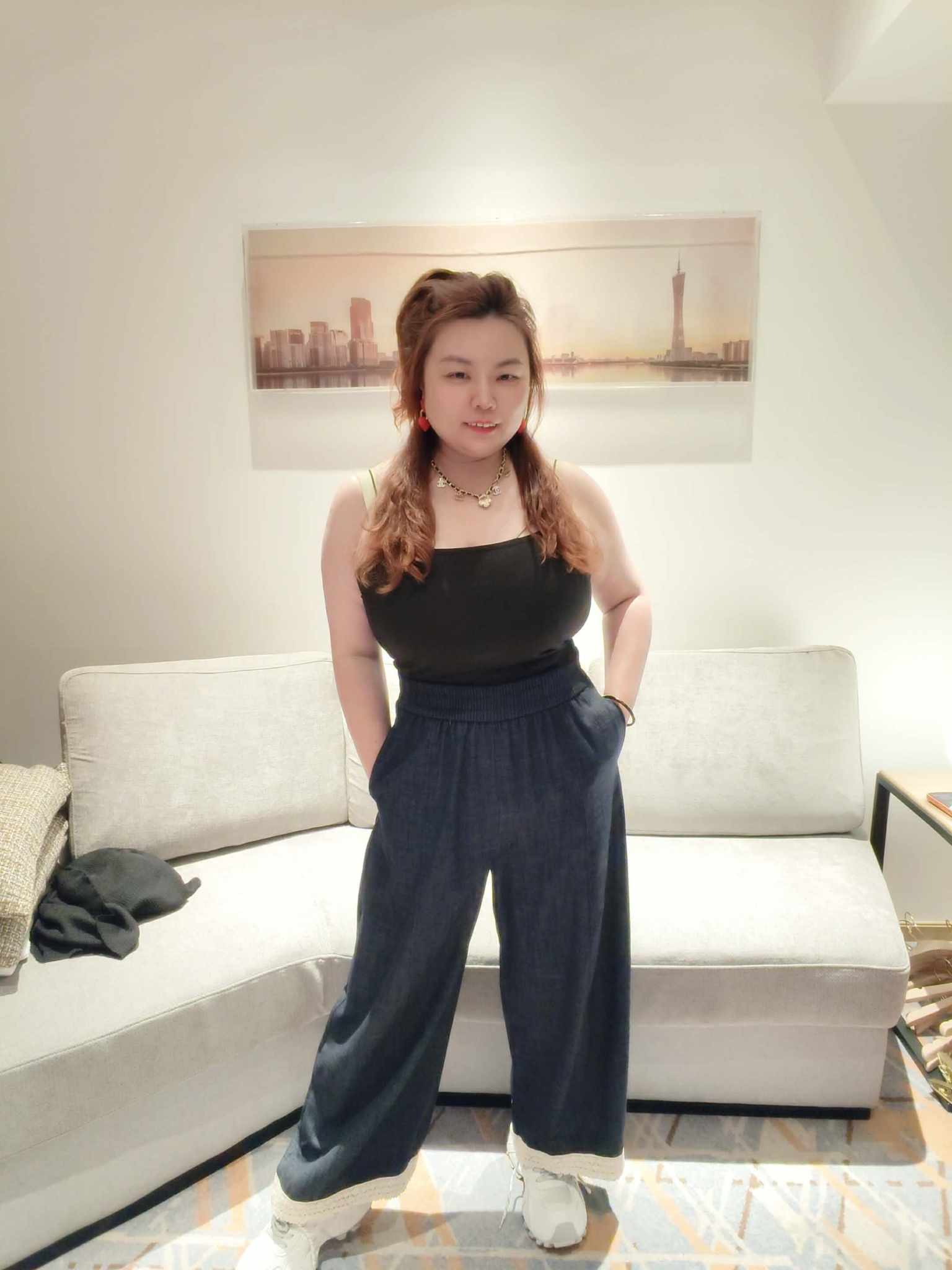 YCH10 1651 大码拼色裤脚阔脚裤长裤