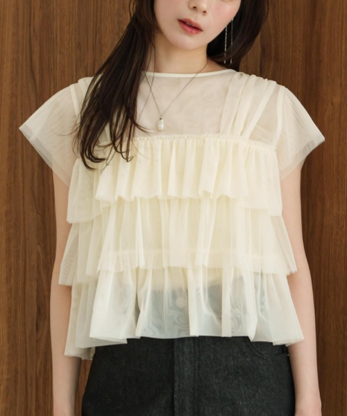 薄紗荷葉邊法式袖上衣【JT037】