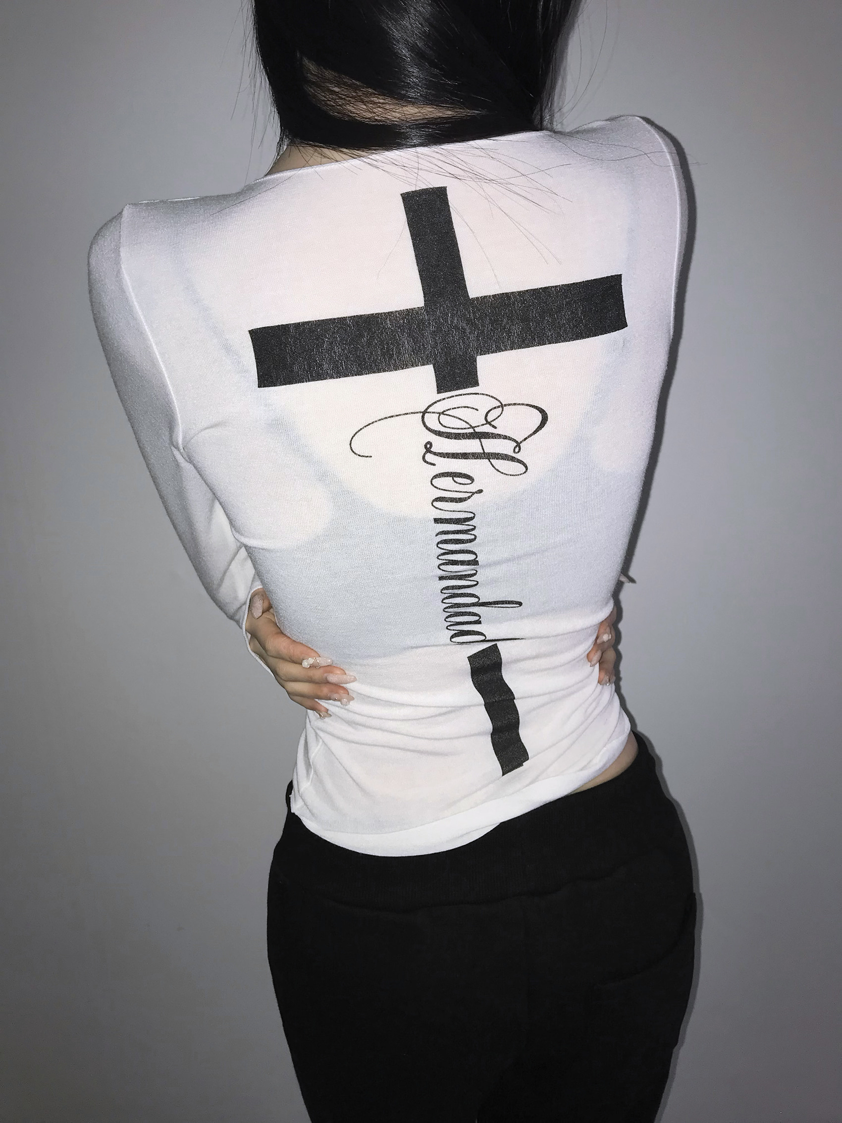Sheer Tie-Front Cross Graphic Top