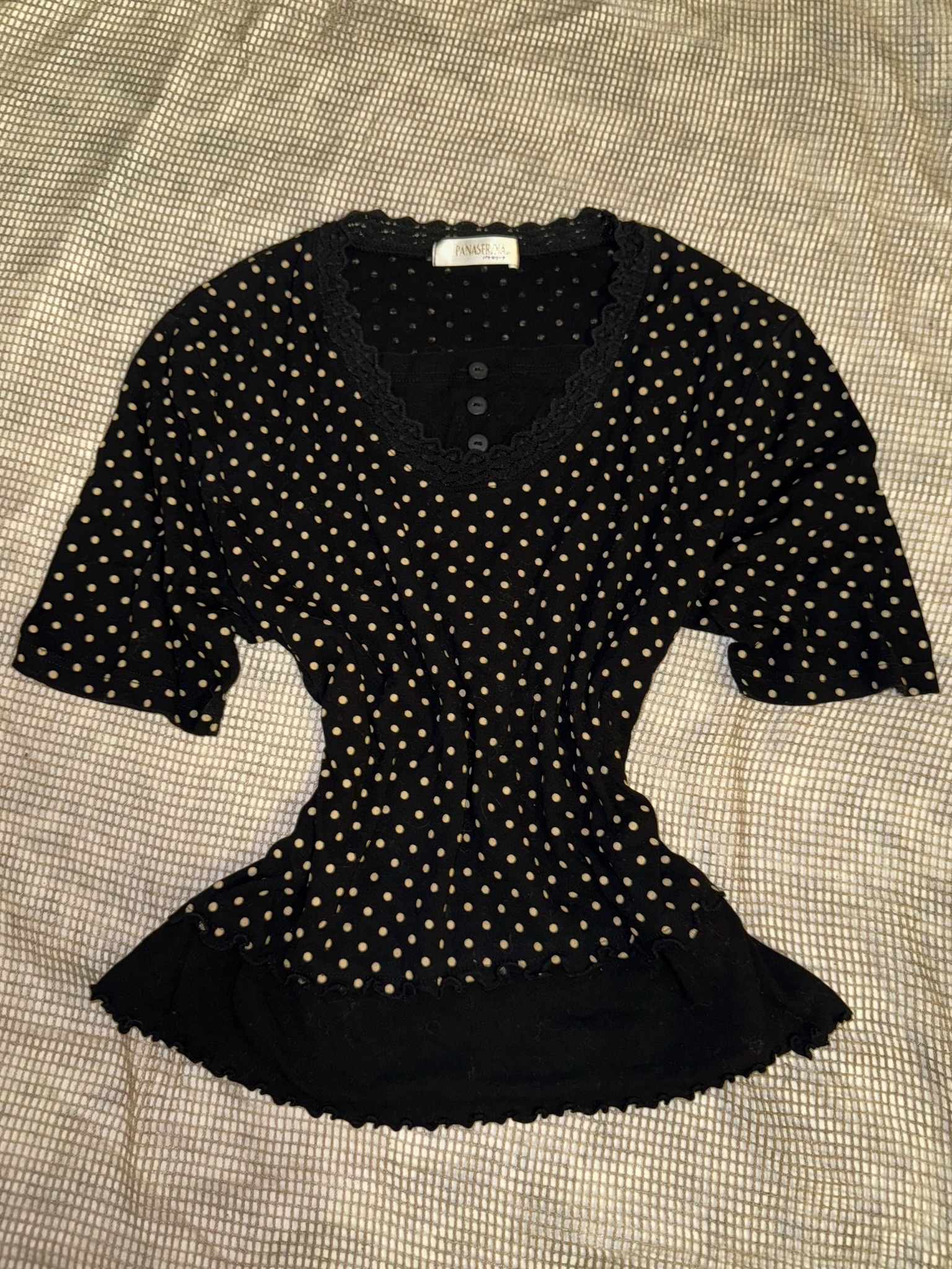 Polka Dot Peplum Top with Lace Trim