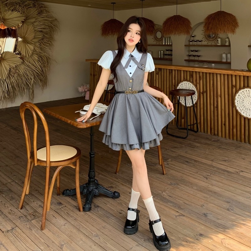 B206(8718) 韩系学院风假两件蓝拼灰下摆双层荷叶蓬蓬A字连身裙 