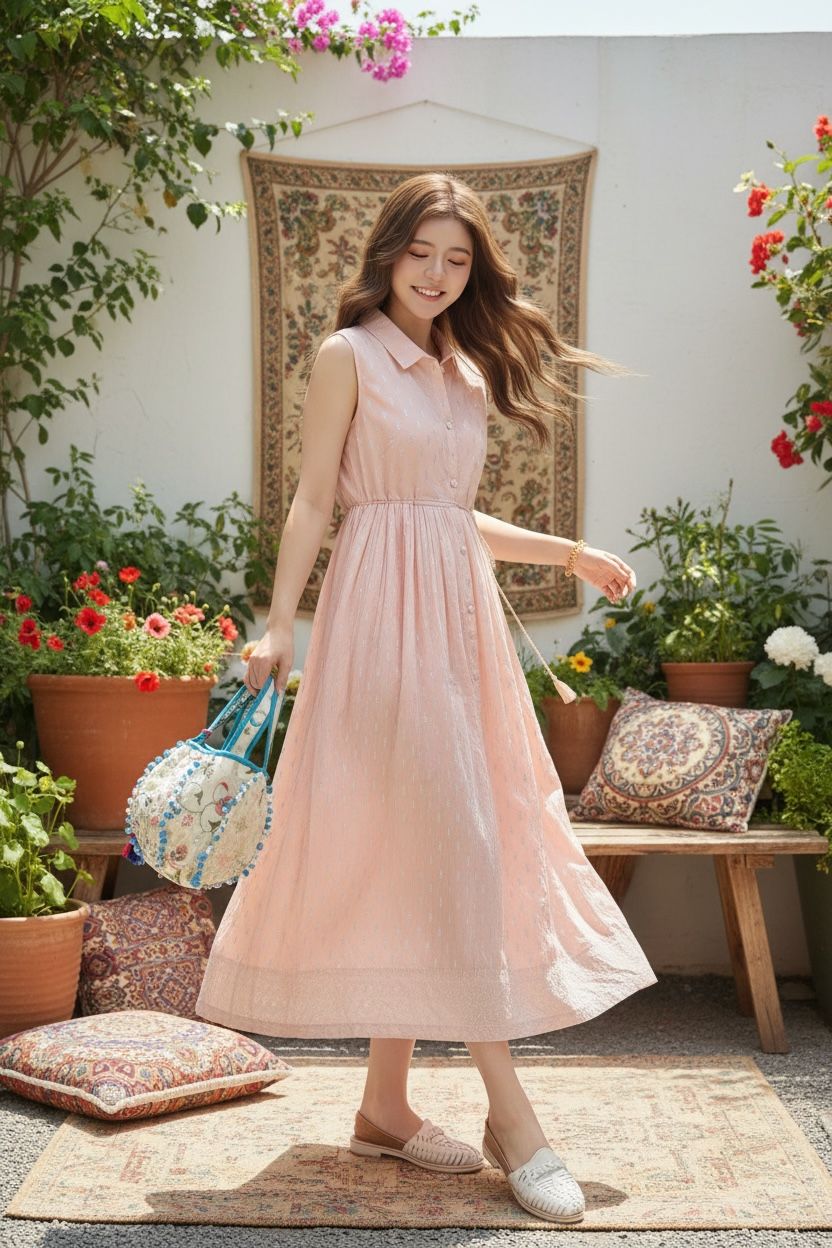 Baby Pink with Sliver Emb. Sleeveless OP 47" #1359