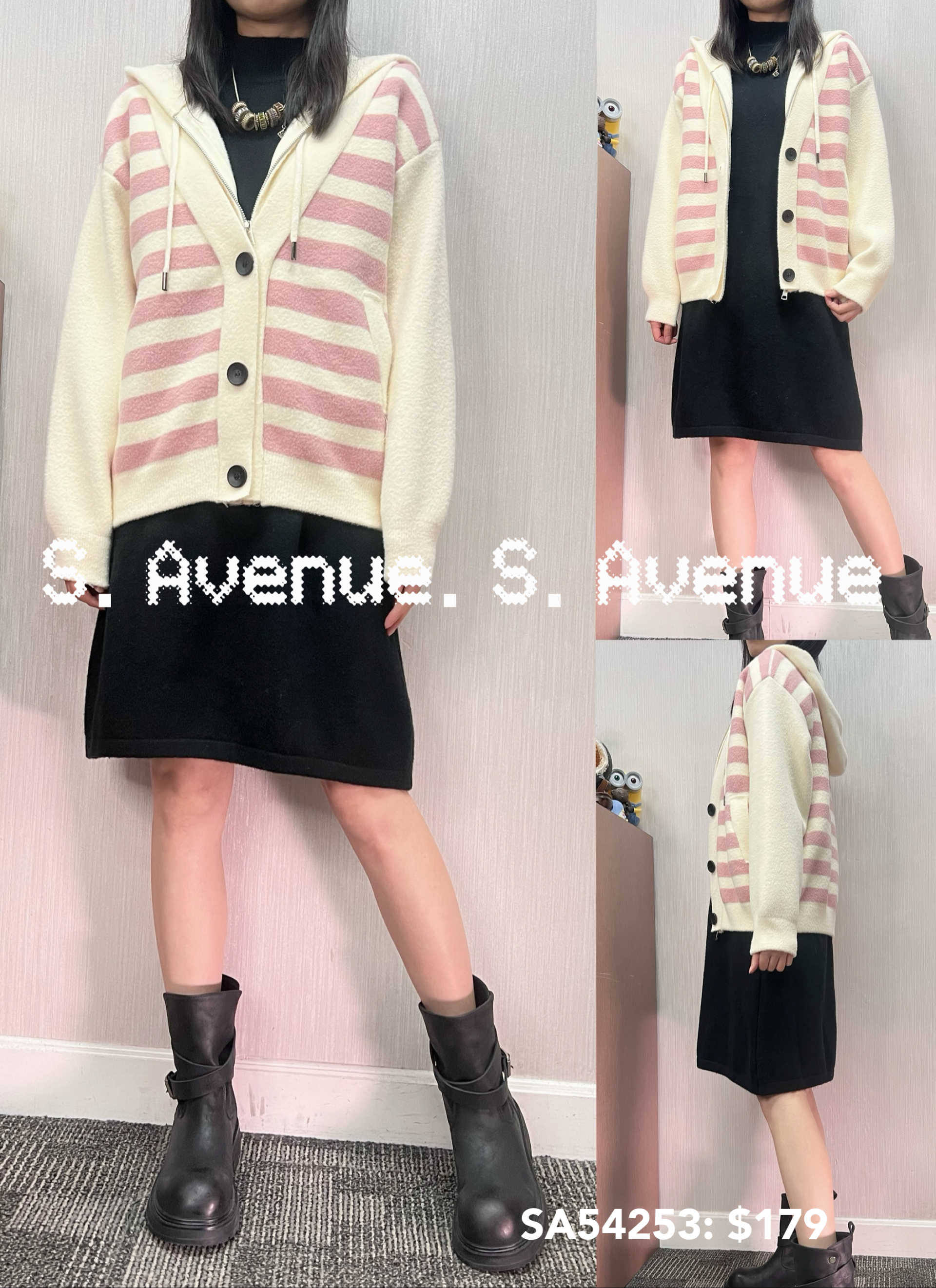 SA54253: 有帽間條有拉鍊和鈕假兩件褸