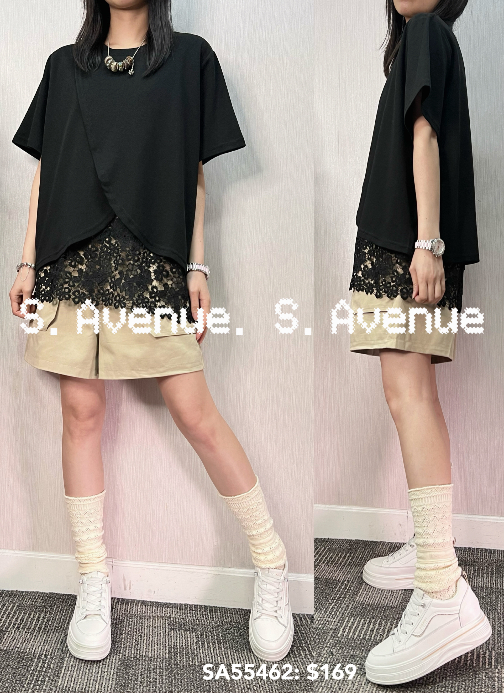 SA55462: 短袖淨色開叉下拼lace tee