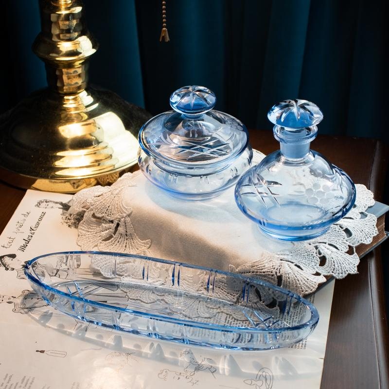 Vintage Mid-Century German Etched Pattern Glass Dressing Table Set - Tray , Powder Box & Perfume bottle (MW018)