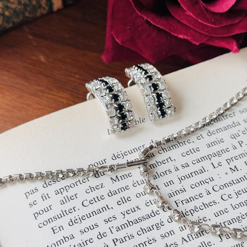 Preview - 1950s European Black & Clear Rhinestone Clip Earrings and Tassel Necklace (MT2263)