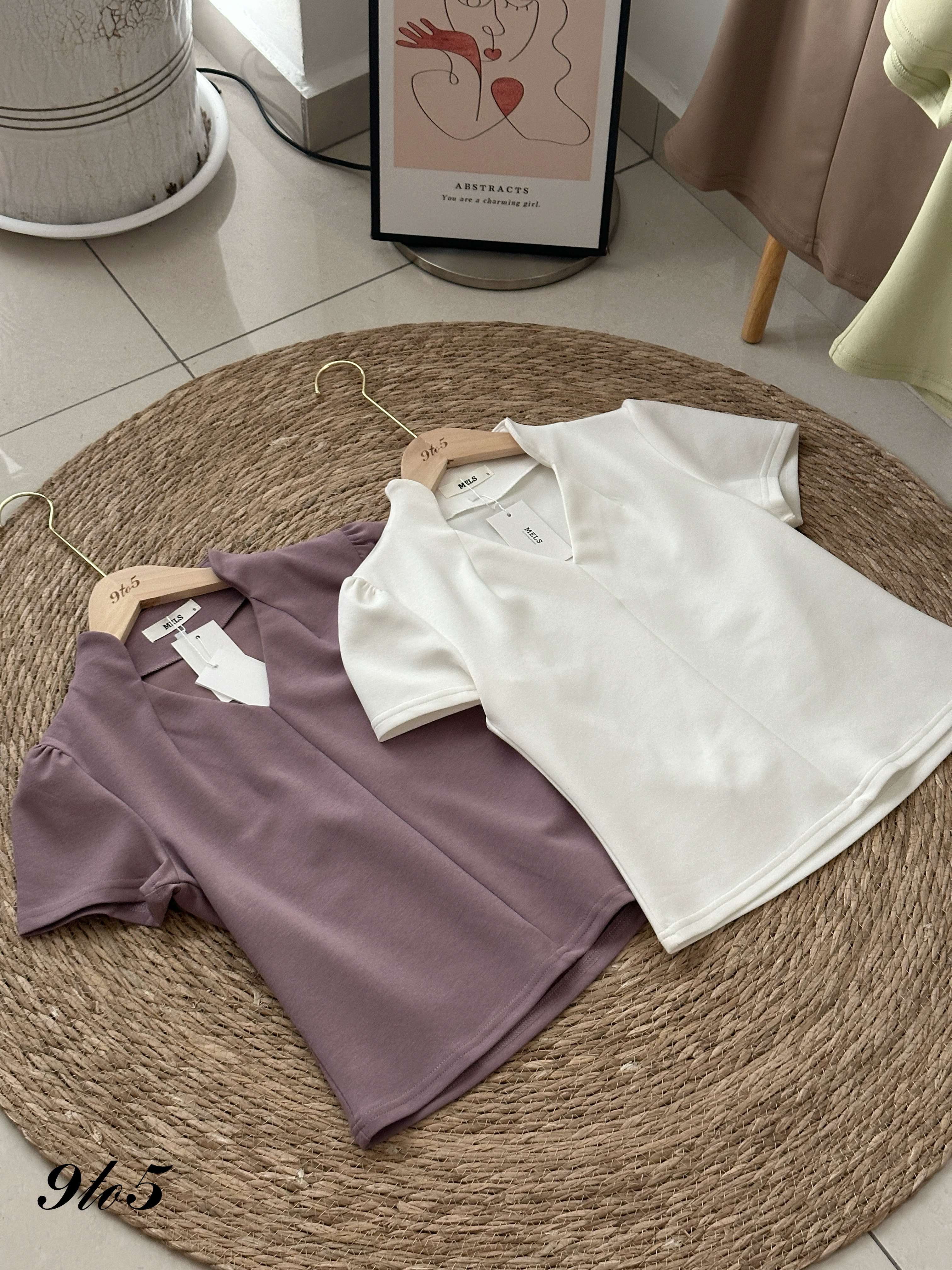 T4195 Puff Sleeve Diamond Neck Top - 4 Colors 