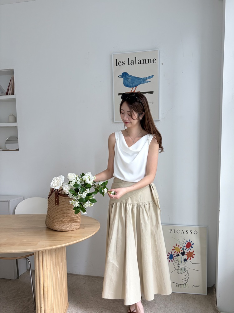 Wrap-Waist Flare Skirt (Beige)