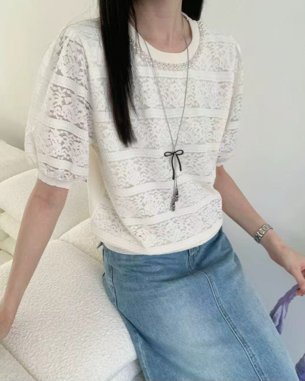 🌟高質蕾絲x針織料珠珠領top🌟