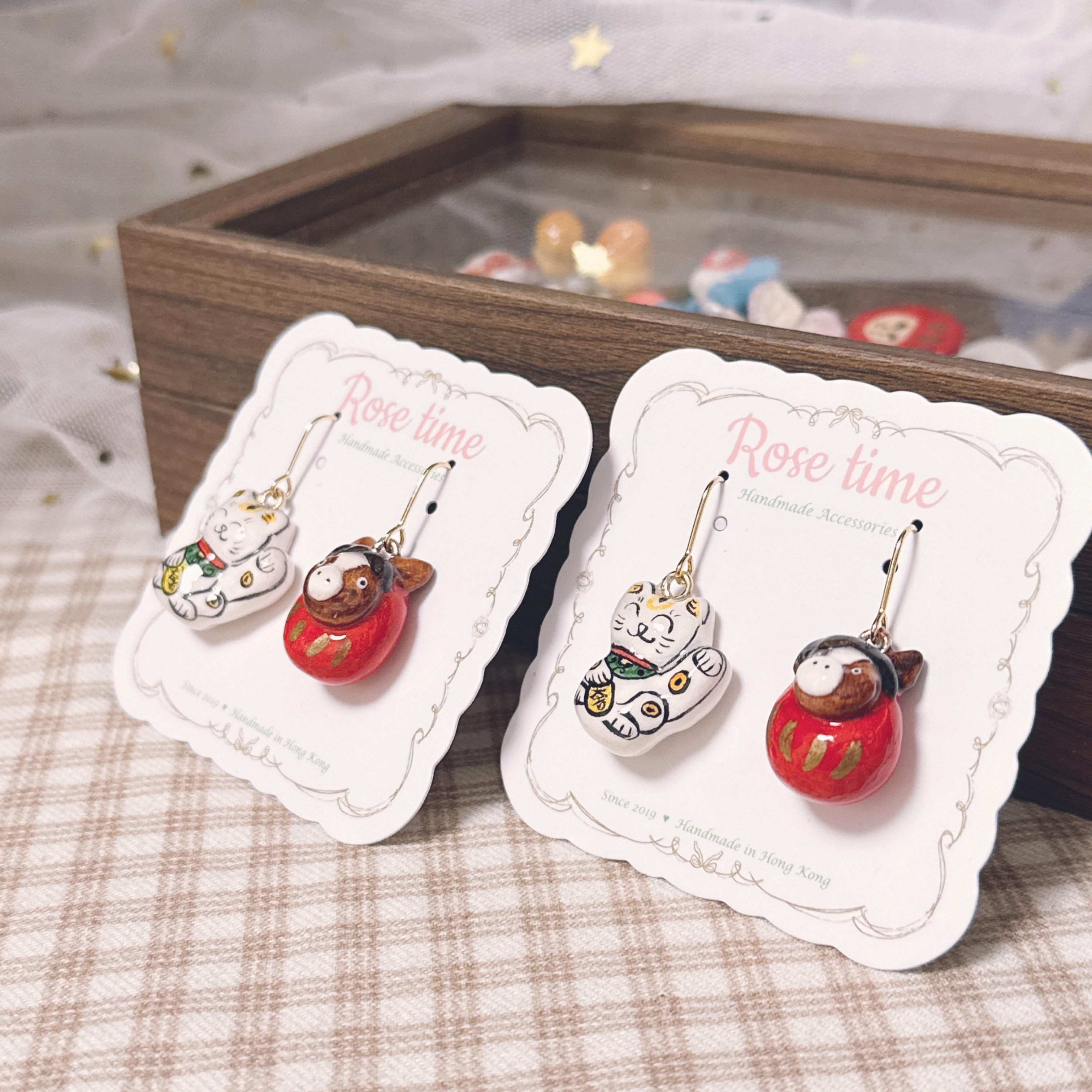 手繪招財貓貓🐱馬年達摩耳環