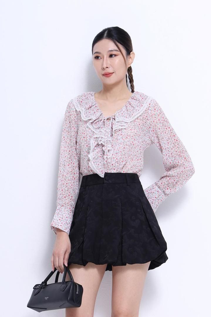 荷叶边领口雪纺上衣 2676