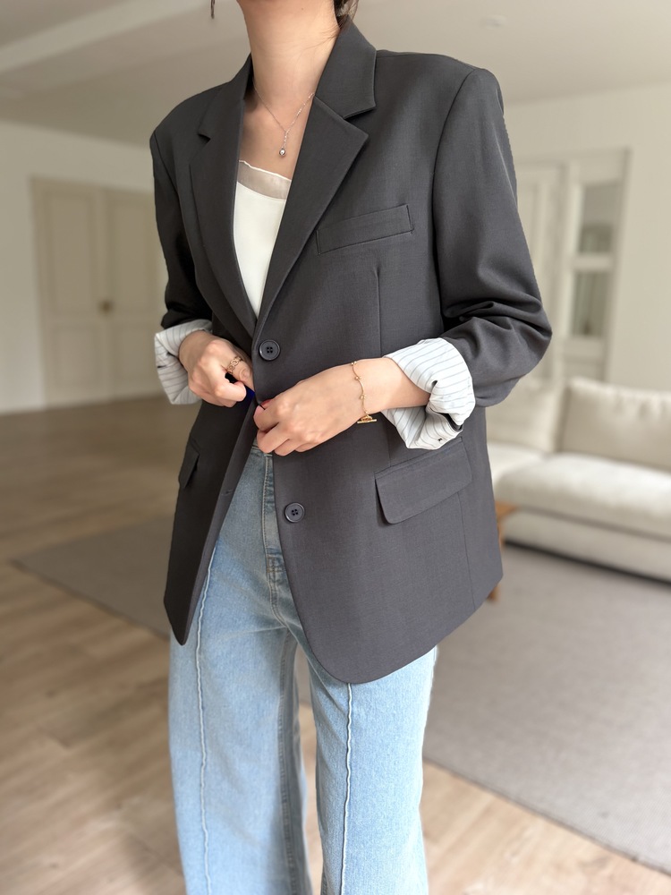 Margot Blazer with Striped Cuffs (Charcoal)