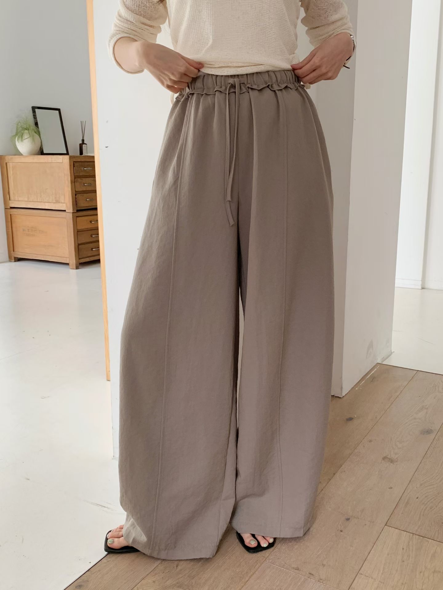 CT21 韓系抽繩鬆緊高腰闊腿褲