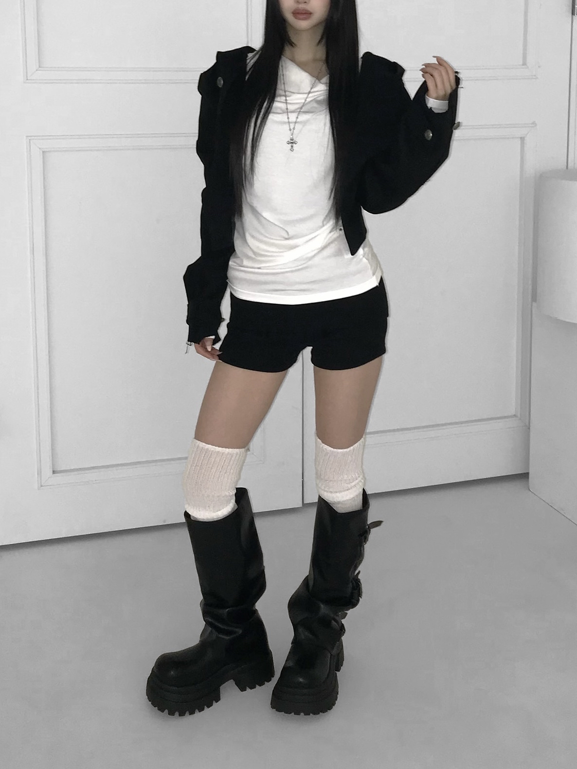 Asymmetric Raw-Edge Hooded Cropped Jacket