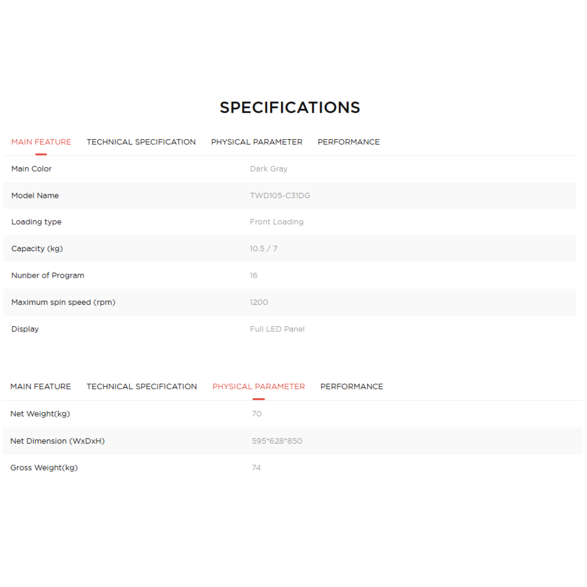 TCL 10.5kg/6kg Direct Drive Front Load Washer Dryer Combo (TWD105-C31DG)