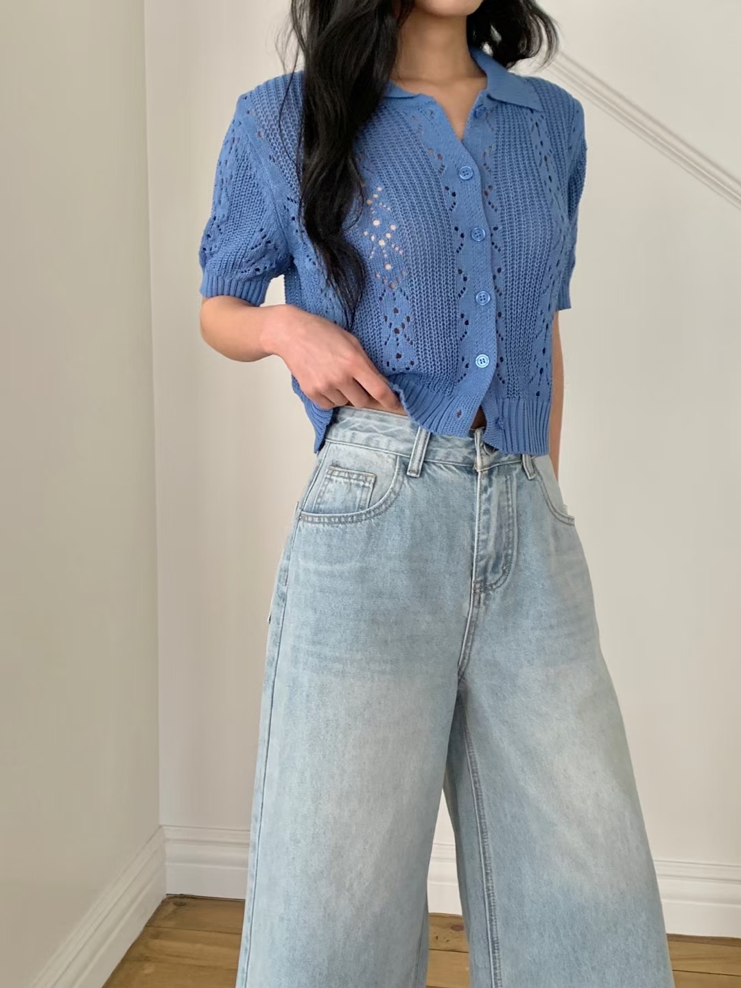 Crochet Knit Short-Sleeve Cardigan Top with Collar ‖ 镂空针织短袖翻领开衫上衣 KR014619